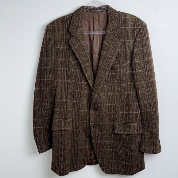 H. Huntsman & Sons Savile Row Pure Wool Tweed Windowpane Plaid Blazer Jacket L V - Picture 1 of 16
